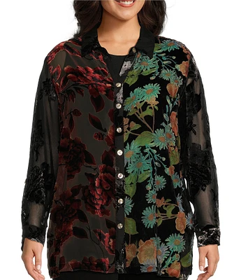 John Mark Plus Size Multi Burnout Velvet Embroidered Floral Point Collar 3/4 Roll-Tab Sleeve Button Front Tunic