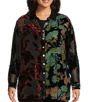 John Mark Plus Size Multi Burnout Velvet Embroidered Floral Point Collar 3/4 Roll-Tab Sleeve Button Front Tunic