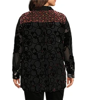 John Mark Plus Size Multi Burnout Velvet Embroidered Floral Point Collar 3/4 Roll-Tab Sleeve Button Front Tunic