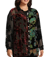 John Mark Plus Size Multi Burnout Velvet Embroidered Floral Point Collar 3/4 Roll-Tab Sleeve Button Front Tunic