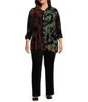 John Mark Plus Size Multi Burnout Velvet Embroidered Floral Point Collar 3/4 Roll-Tab Sleeve Button Front Tunic