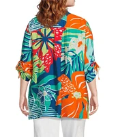 John Mark Plus Size Printed Wire Collar 3/4 Cinch Tie Sleeve Button Front Tunic