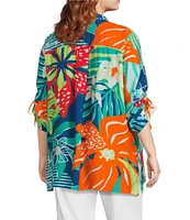 John Mark Plus Size Printed Wire Collar 3/4 Cinch Tie Sleeve Button Front Tunic