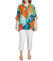 John Mark Plus Size Printed Wire Collar 3/4 Cinch Tie Sleeve Button Front Tunic