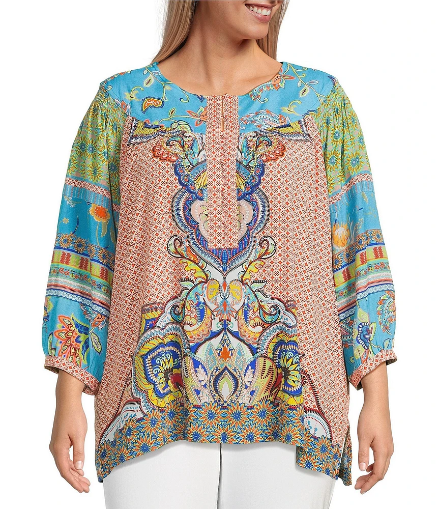 John Mark Plus Size Shirring Printed Scoop Neck 3/4 Sleeve Top