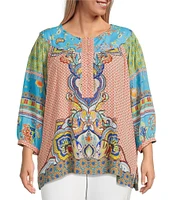 John Mark Plus Size Shirring Printed Scoop Neck 3/4 Sleeve Top