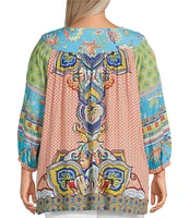 John Mark Plus Size Shirring Printed Scoop Neck 3/4 Sleeve Top