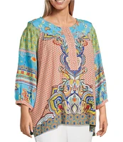 John Mark Plus Size Shirring Printed Scoop Neck 3/4 Sleeve Top