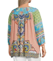 John Mark Plus Size Shirring Printed Scoop Neck 3/4 Sleeve Top