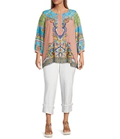 John Mark Plus Size Shirring Printed Scoop Neck 3/4 Sleeve Top