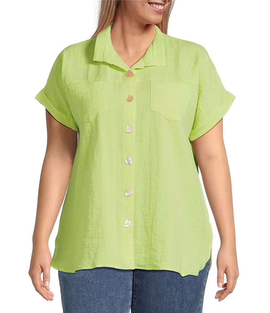 John Mark Plus Size Solid Wire Collar Short Dolman Sleeve Button Front Camp Shirt