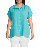 John Mark Plus Size Solid Wire Collar Short Dolman Sleeve Button Front Camp Shirt