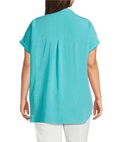 John Mark Plus Size Solid Wire Collar Short Dolman Sleeve Button Front Camp Shirt