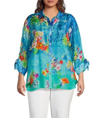 John Mark Plus Size Tropical Floral Print Point Collar Elbow Cinched Tie Sleeve Button Front Tunic