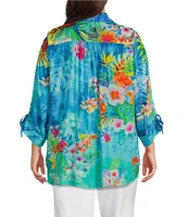 John Mark Plus Size Tropical Floral Print Point Collar Elbow Cinched Tie Sleeve Button Front Tunic