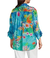 John Mark Plus Size Tropical Floral Print Point Collar Elbow Cinched Tie Sleeve Button Front Tunic