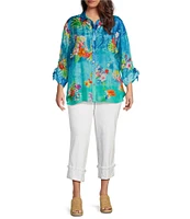 John Mark Plus Size Tropical Floral Print Point Collar Elbow Cinched Tie Sleeve Button Front Tunic