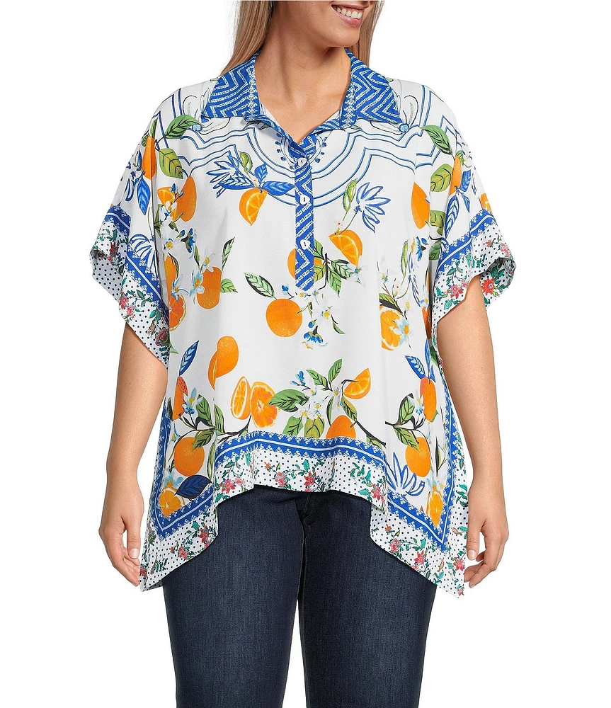 John Mark Plus Size Tropical Fruit Point Collar Short Sleeve Wide Tunic