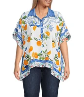 John Mark Plus Size Tropical Fruit Point Collar Short Sleeve Wide Tunic