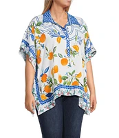 John Mark Plus Size Tropical Fruit Point Collar Short Sleeve Wide Tunic