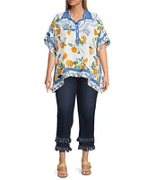 John Mark Plus Size Tropical Fruit Point Collar Short Sleeve Wide Tunic