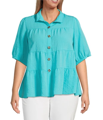 John Mark Plus Size Wire Collar Short Sleeve Tiered Button Front Top