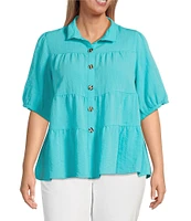 John Mark Plus Size Wire Collar Short Sleeve Tiered Button Front Top