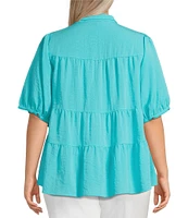 John Mark Plus Size Wire Collar Short Sleeve Tiered Button Front Top