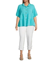 John Mark Plus Size Wire Collar Short Sleeve Tiered Button Front Top