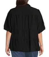 John Mark Plus Size Wire Collar Short Sleeve Tiered Button Front Top