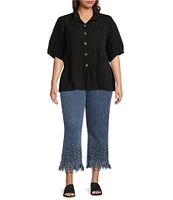 John Mark Plus Size Wire Collar Short Sleeve Tiered Button Front Top