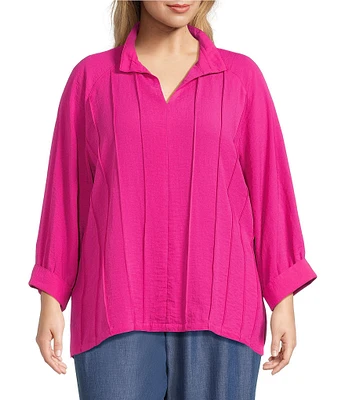 John Mark Plus Size Wire Collar Split V-Neck 3/4 Sleeve Pintuck Detail Top