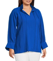 John Mark Plus Size Wire Collar Split V-Neck 3/4 Sleeve Pintuck Detail Top