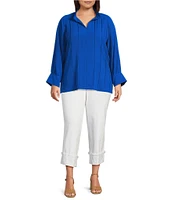 John Mark Plus Size Wire Collar Split V-Neck 3/4 Sleeve Pintuck Detail Top