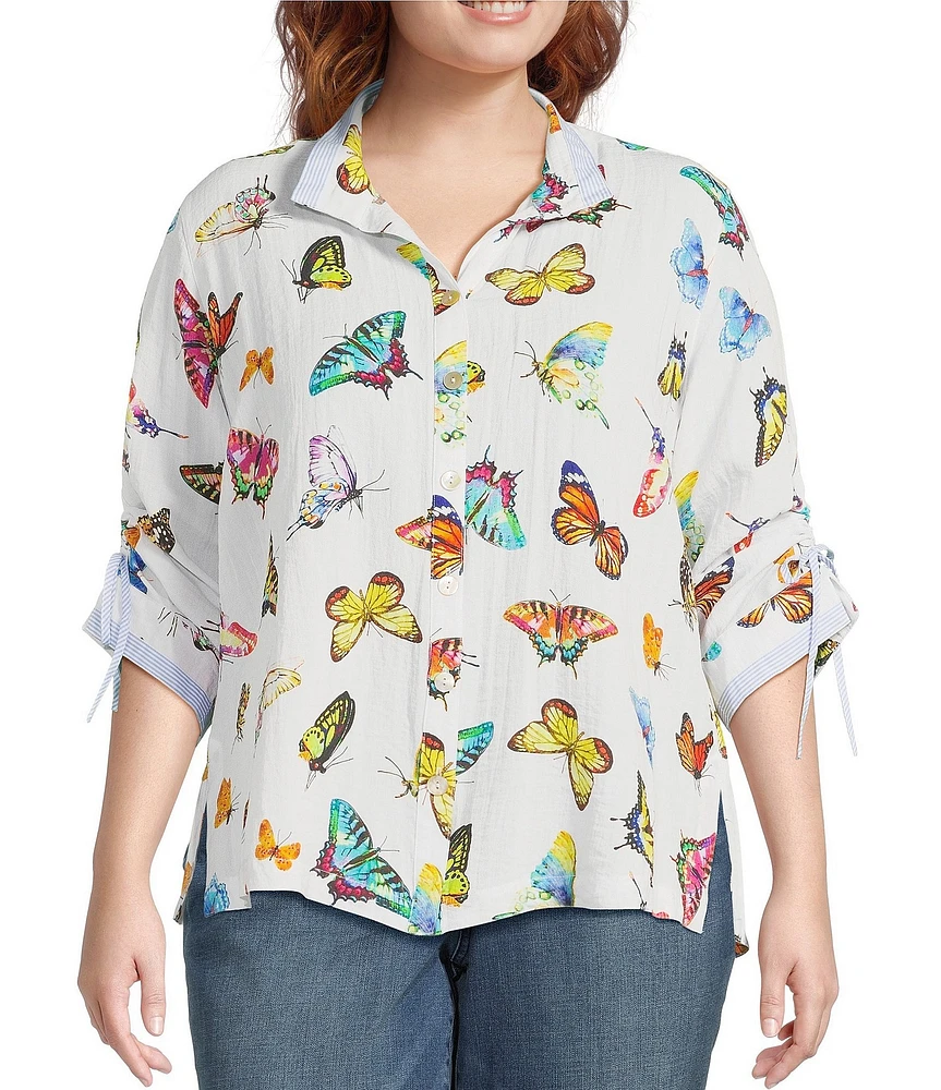 John Mark Plus Size Woven Butterfly Print Wire Collar 3/4 Cinch Tie Sleeve Button Front Blouse