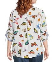 John Mark Plus Size Woven Butterfly Print Wire Collar 3/4 Cinch Tie Sleeve Button Front Blouse