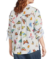 John Mark Plus Size Woven Butterfly Print Wire Collar 3/4 Cinch Tie Sleeve Button Front Blouse