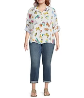 John Mark Plus Size Woven Butterfly Print Wire Collar 3/4 Cinch Tie Sleeve Button Front Blouse