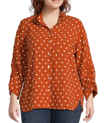 John Mark Plus Size Woven Embroidered Dot Point Collar Neck 3/4 Sleeve Button Front Top