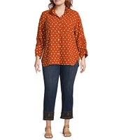 John Mark Plus Size Woven Embroidered Dot Point Collar Neck 3/4 Sleeve Button Front Top