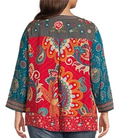 John Mark Plus Size Woven Embroidered Floral Print Y Neck 3/4 Sleeve Pullover Tunic