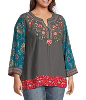 John Mark Plus Size Woven Embroidered Floral Print Y Neck 3/4 Sleeve Pullover Tunic