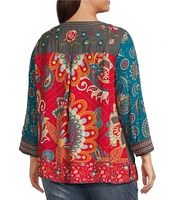 John Mark Plus Size Woven Embroidered Floral Print Y Neck 3/4 Sleeve Pullover Tunic