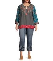 John Mark Plus Size Woven Embroidered Floral Print Y Neck 3/4 Sleeve Pullover Tunic