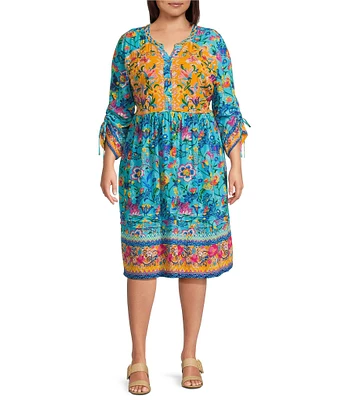 John Mark Plus Size Woven Embroidered Mix Print Y-Neck 3/4 Cinched Tie Sleeve Dress