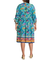 John Mark Plus Size Woven Embroidered Mix Print Y-Neck 3/4 Cinched Tie Sleeve Dress