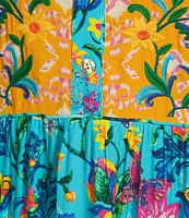 John Mark Plus Size Woven Embroidered Mix Print Y-Neck 3/4 Cinched Tie Sleeve Dress