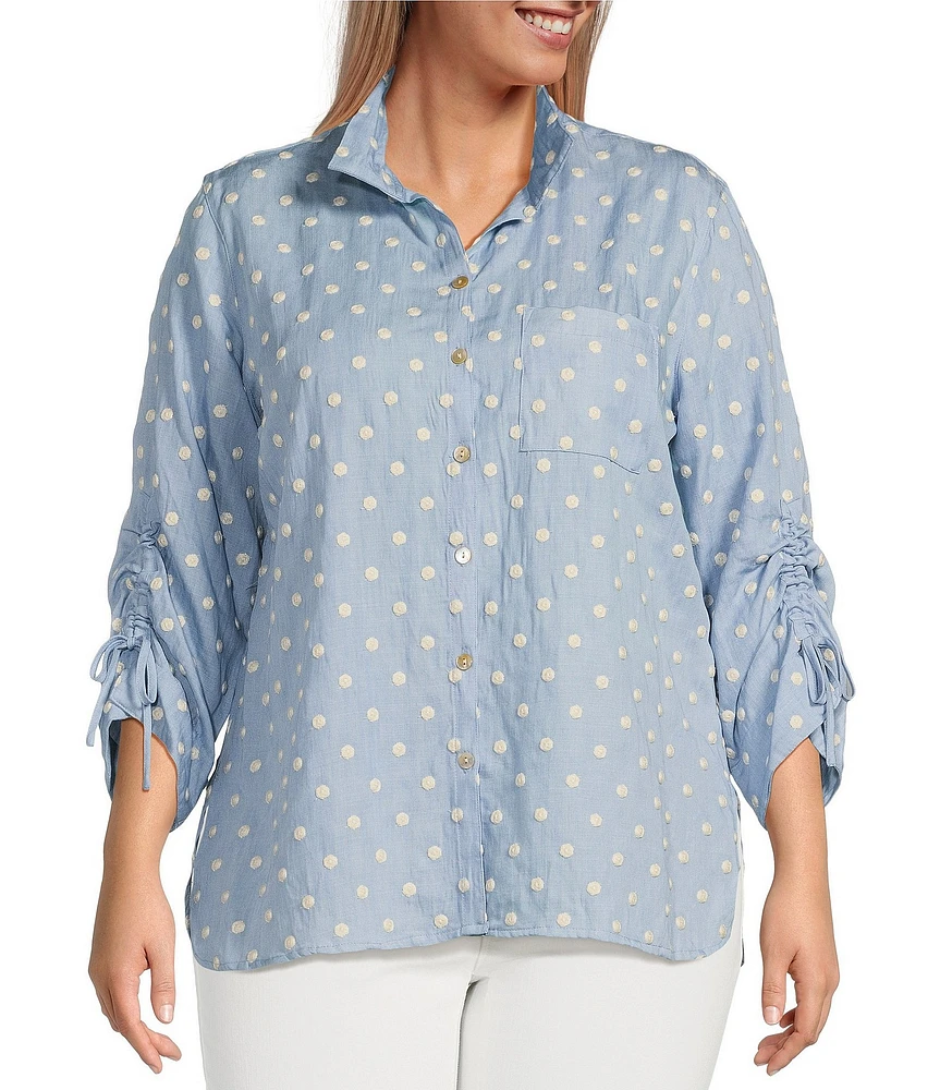 John Mark Plus Size Woven Embroidery Dots Wire Collar 3/4 Ruched Cinched Tie Sleeve Button Front Blouse