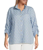 John Mark Plus Size Woven Embroidery Dots Wire Collar 3/4 Ruched Cinched Tie Sleeve Button Front Blouse