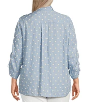 John Mark Plus Size Woven Embroidery Dots Wire Collar 3/4 Ruched Cinched Tie Sleeve Button Front Blouse